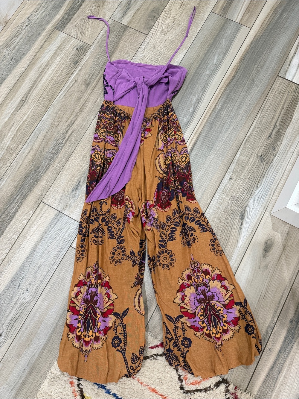 Boho Floral Strap Jumpsuit in Purple and Tan - Picture 2 of 6